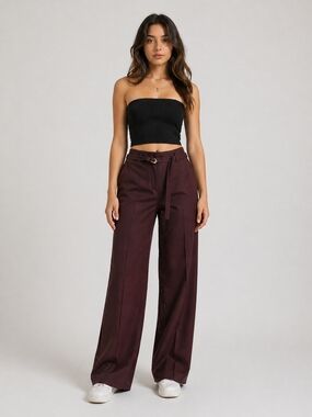 Massimo Dutti Wide Leg Trousers Burgundy High Waist Size 2 EU 34 Made in Portuga